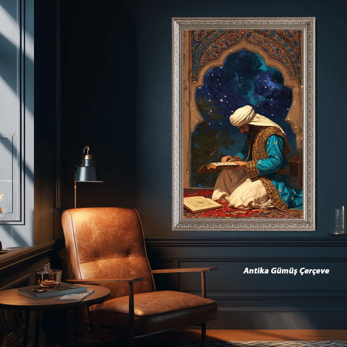 Kur’an-ı Kerim Okuyan Alim Kanvas Tablo – Gece Yıldızlı Gökyüzü Temalı İslami Duvar Dekoru, Dini ve Manevi Sanat Eseri