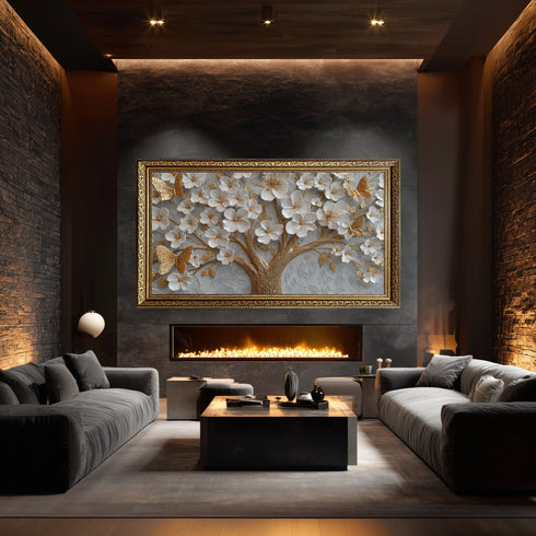 Altın Kelebekli Beyaz Çiçekli Ağaç Tablosu Kabartmalı Lüks Modern Kanvas Duvar Dekoru, Salon Yatak Odası İçin Şık Tablo