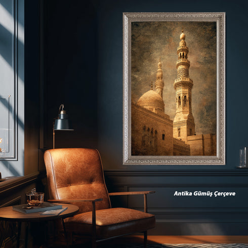 Tarihi Cami Minaresi ve Kubbe Kanvas Tablo – Osmanlı Mimari Temalı İslami Duvar Dekoru, Dini ve Klasik Salon Tablosu