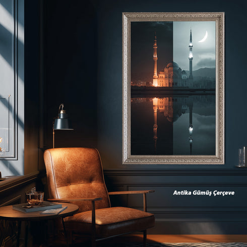 Gece ve Hilal Işığında Camii Kanvas Tablo – İslami Duvar Dekoru, Dini Mimari Sanat Eseri, Modern ve Klasik Ev Dekorasyonu