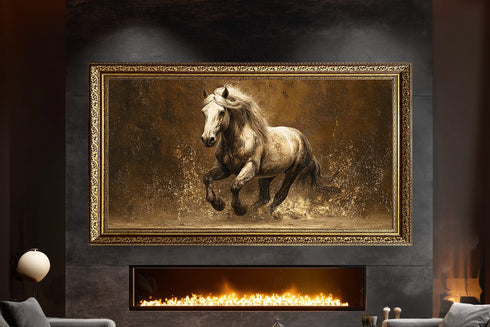 Koşan Beyaz At Tablosu Altın Tonlu Arka Planlı Modern Kanvas Duvar Dekoru, Salon Ofis İçin Büyük Boy At Figürlü Tablo