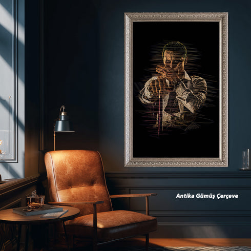 Patrick Bateman American Psycho Scribble Art Kanvas Tablo | Kült Film Karakteri Siyah Zemin Duvar Sanatı | Modern Sinema ve Ofis Dekoru
