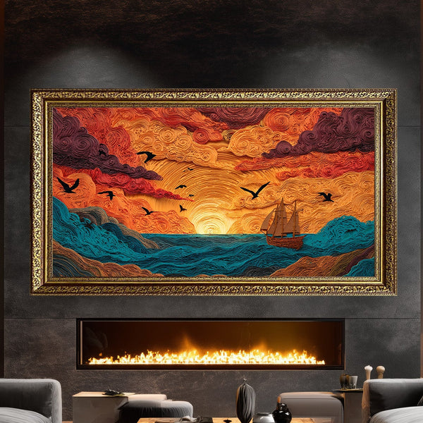 Gün Batımında Yelkenli Tablosu Soyut Deniz Manzarası Modern Kanvas Duvar Dekoru Salon Ofis Yatak Odası İçin Büyük Boy Sanatsal Tasarım
