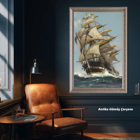 Fırtınalı Denizde Yelkenli Gemi Suluboya Sanat Baskısı, Denizcilik ve Macera Temalı Klasik Tablo Duvar Dekoru