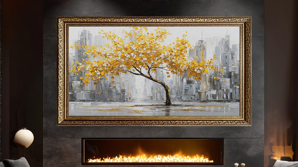 Sarı Yapraklı Ağaç ve Gri Şehir Silüeti Tablosu Modern Soyut Kanvas Duvar Dekoru, Salon Ofis İçin Büyük Boy Tablo