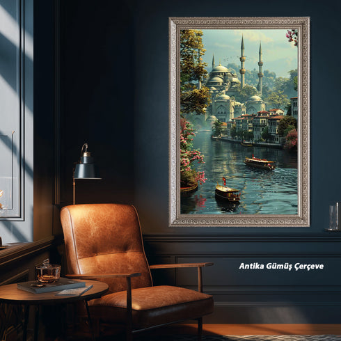 Boğazda Tarihi Cami ve Kayıklar Manzarası Sanat Baskısı, İstanbul’un Yeşil Doğası ve Sakin Suları ile Klasik Duvar Dekoru
