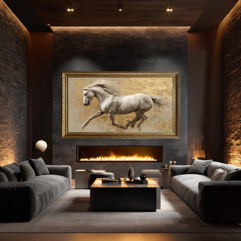 Koşan Beyaz At Tablosu Altın Varak Dokulu Arka Planlı Lüks Kanvas Duvar Dekoru, Salon Ofis İçin Büyük Boy At Figürlü Tablo