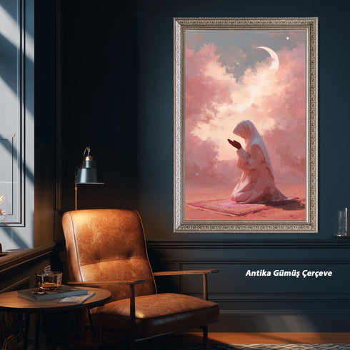 Hilal ve Pembe Bulutlar Altında Dua Eden Kadın Kanvas Tablo – Manevi Huzur Temalı İslami Duvar Dekoru, Dini Salon Tablosu