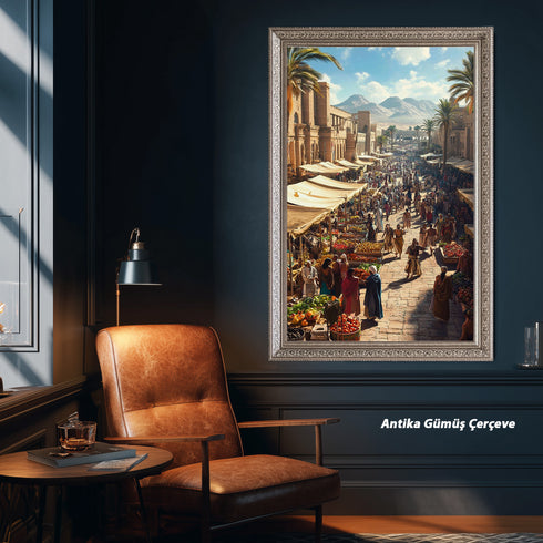 Antik Doğu Pazarı Manzarası Sanat Tablosu Poster, Palmiye Ağaçları ve Tarihi Mimari Arasında Canlı Oryantal Çarşı Sahnesi Duvar Sanatı