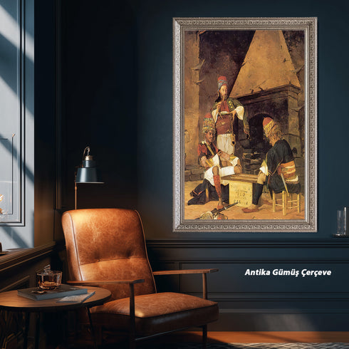 Tavla Oynayan Zeybekler, Osmanlı Dönemi Kıyafetleriyle Geleneksel Kahvehane Sahnesini Yansıtan Nostaljik Sanat Tablosu