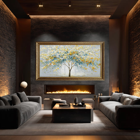 Modern Soyut Ağaç Tablosu Mavi Sarı Yapraklı Kanvas Duvar Dekoru, Salon Yatak Odası Büyük Boy Sanatsal Tablo