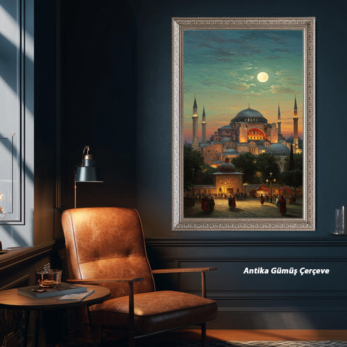Ayasofya Camii Dolunay Manzaralı Kanvas Tablo – İstanbul Temalı İslami Duvar Dekoru, Dini ve Tarihi Atmosferli Salon Tablosu