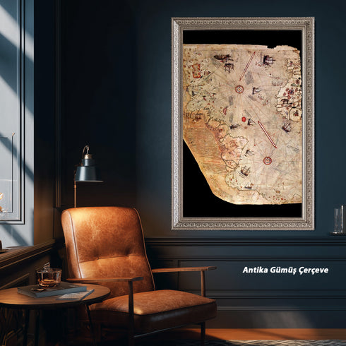 Piri Reis Tarihi Deniz Haritası ve Keşif Roteleri, Antik Kartografya Detaylarıyla Oryantal ve Nostaljik Dünya Haritası Sanat Eseri