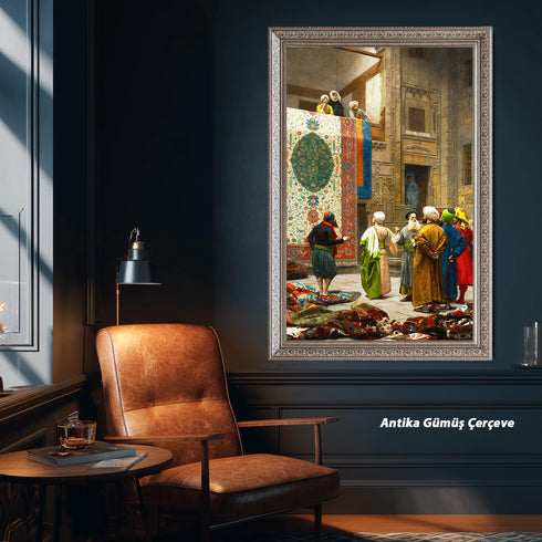 Oryantal Halı Pazarı Sahnesi Sanat Tablosu Poster, Geleneksel Doğu Mimarisi ve Renkli Figürlerle Klasik Tarihi Duvar Sanatı