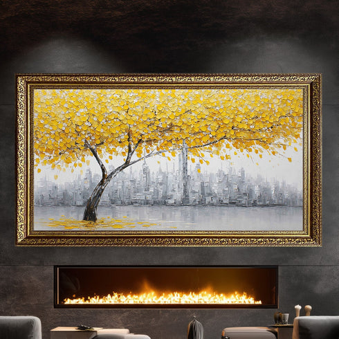 Sarı Yapraklı Ağaç ve Gri Şehir Manzarası Tablosu Modern Soyut Kanvas Duvar Dekoru Salon Ofis İçin Büyük Boy Tas