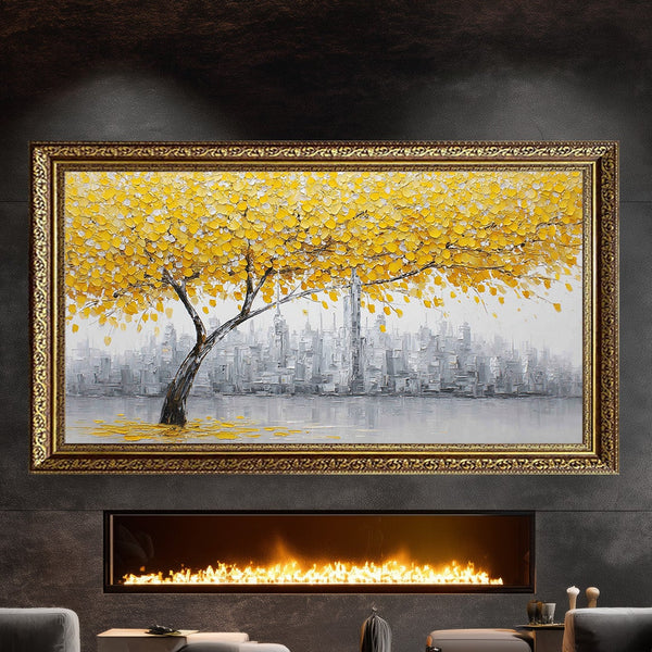Sarı Yapraklı Ağaç ve Gri Şehir Manzarası Tablosu Modern Soyut Kanvas Duvar Dekoru Salon Ofis İçin Büyük Boy Tas