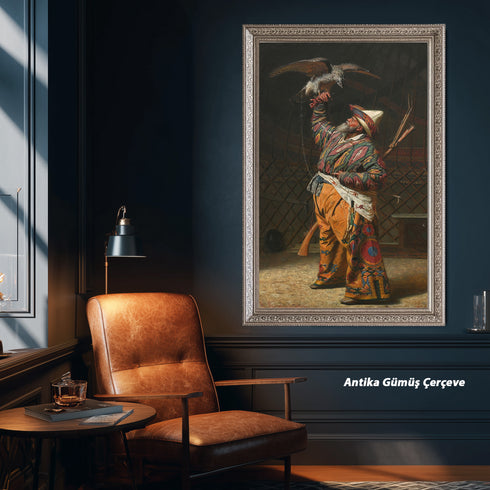 Oryantal Avcı Figürü Sanat Tablosu Poster, Şahinli Osmanlı Av Sahnesi ile Geleneksel Doğu Temalı Klasik Duvar Sanatı Baskısı