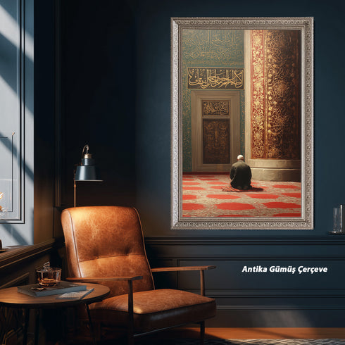 Cami İçinde Dua Eden Mümin Kanvas Tablo – Altın Varak Detaylı İslami Duvar Dekoru, Dini ve Manevi Salon Tablosu