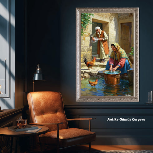 Geleneksel Köy Yaşamı Suluboya Sanat Baskısı, Anadolu Günlük Hayat Sahnesi, Tavuklar ve Taş Evlerle Nostaljik Duvar Dekoru