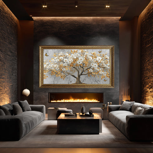 Mermer Zeminli Altın Yapraklı Beyaz Çiçekli Ağaç Tablosu Kelebekli Lüks Modern Kanvas Duvar Dekoru Salon İçin