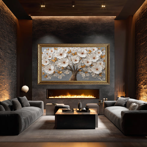 Altın Kelebekli Beyaz Çiçekli Ağaç Tablosu Kabartmalı Lüks Modern Kanvas Duvar Dekoru Salon ve Oturma Odası İçin Şık Tasarım