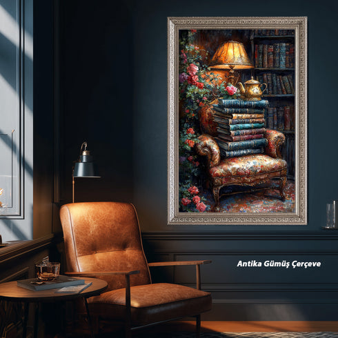 Kitaplarla Dolu Kütüphane Köşesi ve Çaydanlık Sanat Baskısı, Vintage Okuma Atmosferi, Çiçekli Klasik Koltuk ile Nostaljik Duvar Dekoru