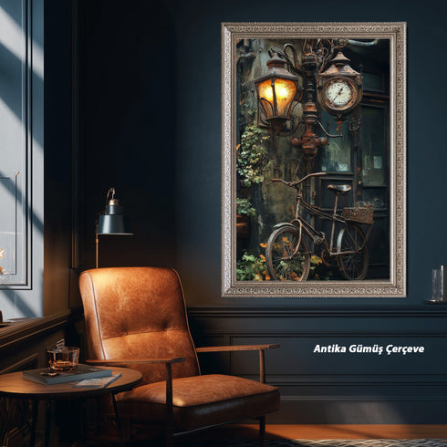 Vintage Sokak Lambası ve Bisiklet Sanat Tablosu Poster, Nostaljik Şehir Detayı ile Rustik Endüstriyel Duvar Dekoru Baskısı Sanatı