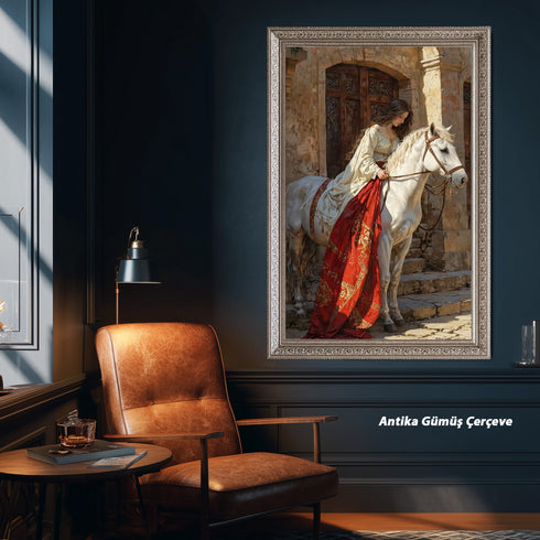 Tarihi Taş Mekânda Beyaz At Üzerinde Zarif Kadın, Orta Çağ Esintili Romantik Sahne, Klasik ve Epik Sanat Tarzında Duvar Dekoru