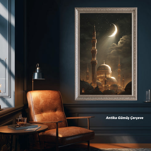 Hilal ve Yıldızlı Gece Camii Kanvas Tablo – Altın Işıltılı İslami Duvar Dekoru, Dini ve Manevi Atmosferli Salon Tablosu