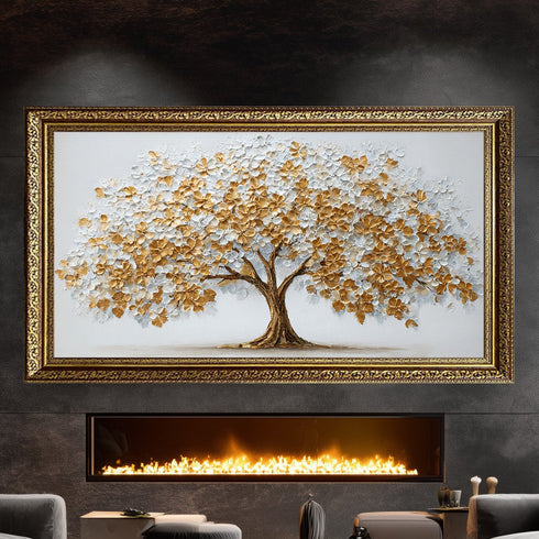 Altın ve Beyaz Çiçekli Hayat Ağacı Tablosu Kabartmalı Lüks Modern Kanvas Duvar Dekoru Salon Yatak Odası İçin Büyük Boy Tasarım