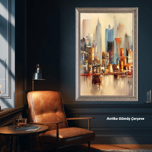 Soyut Şehir Manzarası Sanat Tablosu Poster, Modern Renkli Gökdelenler ve Köprü Detaylı Dekoratif Duvar Sanatı Baskısı