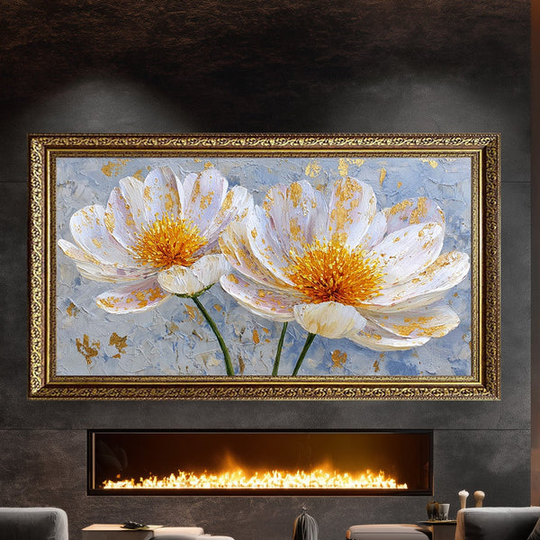 Altın Varaklı Beyaz Çiçekler Tablosu Modern Soyut Kanvas Duvar Dekoru Salon Yatak Odası İçin Büyük Boy Lüks Çiçek Tablo