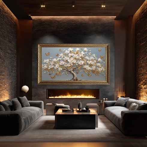 Altın Kelebekli Beyaz Manolya Ağacı Tablosu Lüks Modern Kanvas Duvar Dekoru Salon Yatak Odası ve Oturma Odası İçin Şık Tasarım