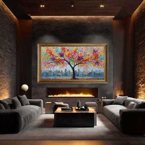 Renkli Çiçekli Ağaç ve Şehir Manzarası Tablosu Modern Soyut Kanvas Duvar Dekoru, Salon Ofis İçin Büyük Boy Sanatsal Tablo
