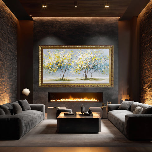 Sarı Beyaz Çiçekli Ağaç Tablosu Modern Soyut Kanvas Duvar Dekoru, Salon Yatak Odası İçin Büyük Boy Manzara Tablo