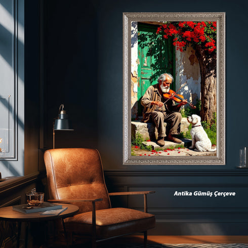 Kemancı Yaşlı Adam ve Sadık Köpek Suluboya Sanat Baskısı, Nostaljik Köy Sahnesi ve Doğal Işıklarla Duygusal Duvar Dekoru