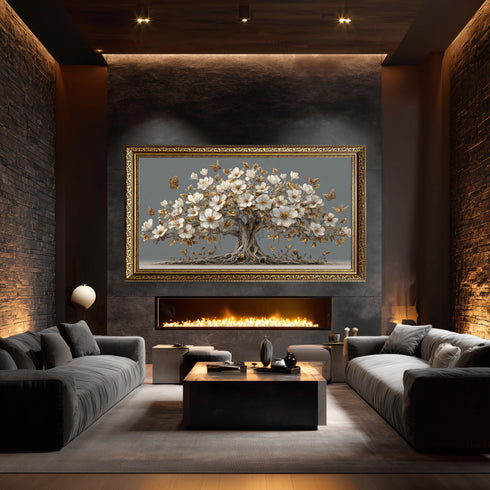 Altın Yapraklı Beyaz Çiçekli Ağaç Tablosu Kelebekli Lüks Kanvas Duvar Dekoru, Modern Dokulu Salon Yatak Odası Tablo