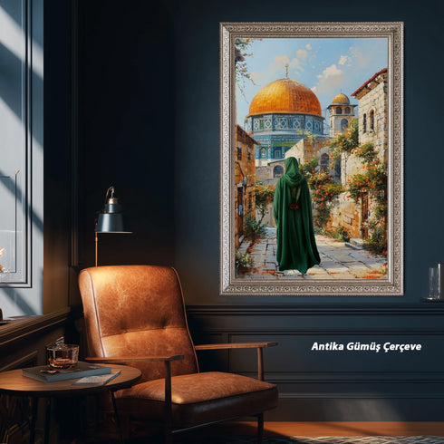Kubbetüs Sahra ve Mescid-i Aksa Manzaralı Kanvas Tablo – Kudüs Temalı İslami Duvar Dekoru, Dini ve Manevi Atmosferli Salon Tablosu