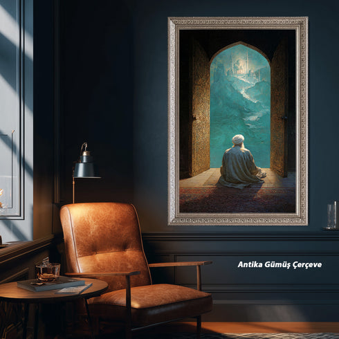 Kapıdan Camiye Bakan Derviş Kanvas Tablo – Manevi Yolculuk Temalı İslami Duvar Dekoru, Dini ve Huzur Veren Salon Tablosu