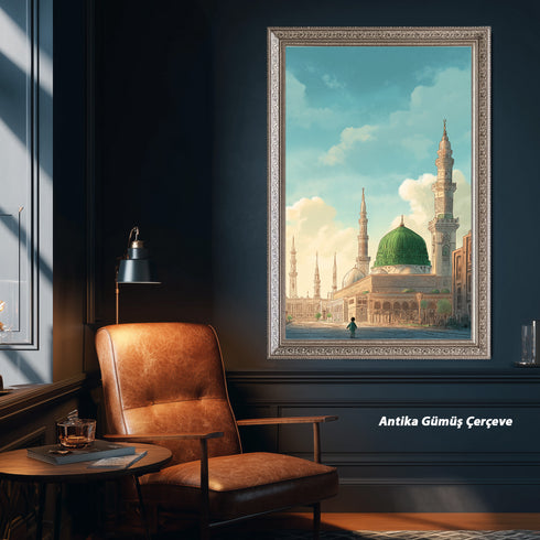 Mescid-i Nebevi ve Yeşil Kubbe Manzaralı Kanvas Tablo – Medine İslami Duvar Dekoru, Dini Mimari Temalı Salon ve Ofis Tablosu