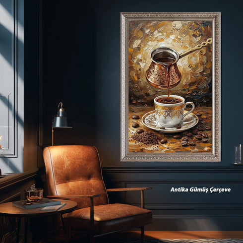 Türk Kahvesi Ritüeli Yağlı Boya Sanat Baskısı, Cezveden Fincana Akan Kahve ile Geleneksel ve Sıcak Duvar Dekoru