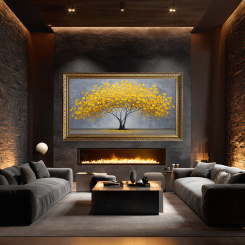 Sarı Yapraklı Minimalist Hayat Ağacı Tablosu Modern Soyut Kanvas Duvar Dekoru Salon Ofis Yatak Odası İçin Büyük Boy Şık Tasarım