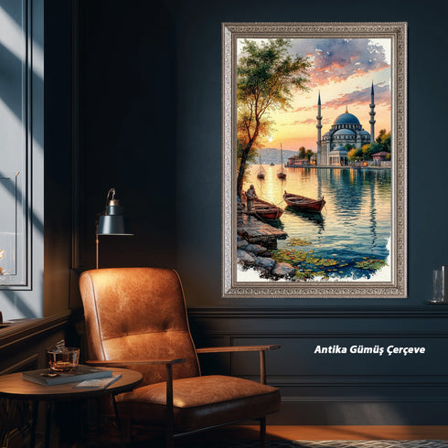 Gün Batımında Boğaz ve Tarihi Cami Manzarası Sanat Baskısı, İstanbul Temalı Suluboya Tablo ve Huzur Veren Klasik Duvar Dekoru