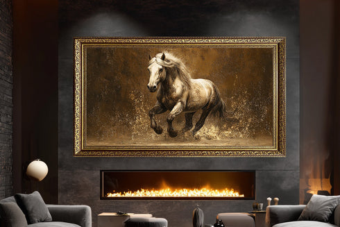 Koşan Beyaz At Tablosu Altın Bej Dokulu Arka Planlı Modern Kanvas Duvar Dekoru, Salon Ofis İçin Büyük Boy At Figürlü Tablo