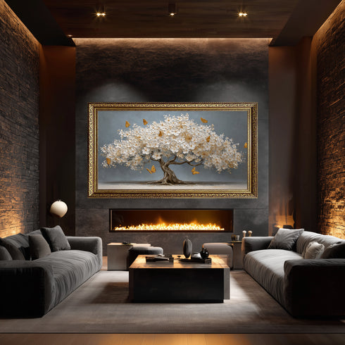 Beyaz Çiçekli Ağaç ve Altın Kelebekler Kanvas Tablo, Modern Çiçekli Duvar Dekoru, Salon ve Ofis için Şık Dekoratif Baskı Ev Hediyesi