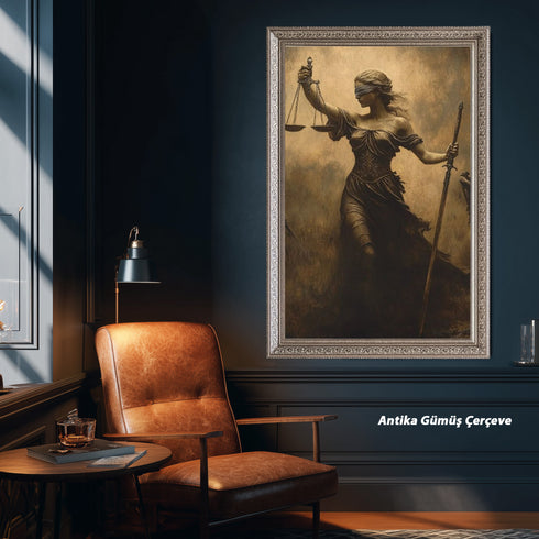 Adalet Tanrıçası Themis Sanat Baskısı, Kör Adalet ve Terazi Sembolüyle Güçlü Mitolojik Figür, Klasik ve Dramatik Duvar Dekoru