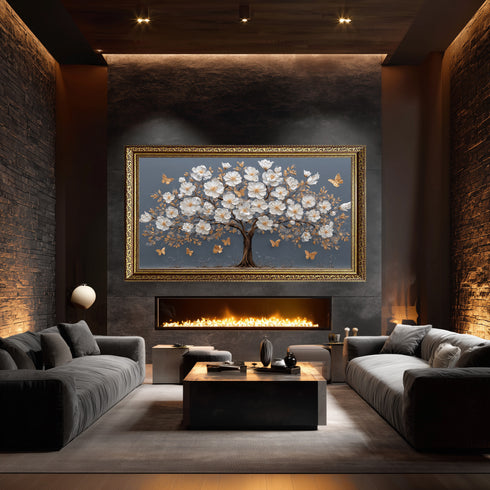 Beyaz Çiçekli Ağaç Tablosu Altın Yapraklı Kelebekli Kanvas Duvar Dekoru, Modern Dokulu Salon Yatak Odası Tablo