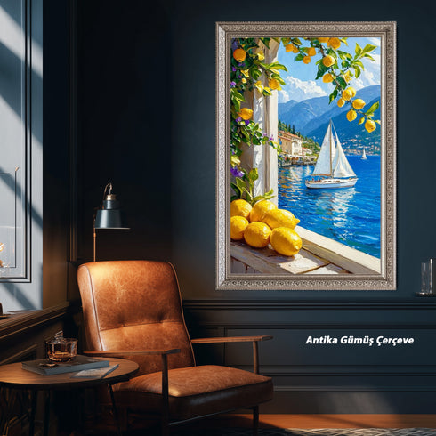 Limon Ağaçları ve Mavi Deniz Manzarası Sanat Baskısı, Akdeniz Sahilinde Yelkenli Tekne ile Yaz Esintili Duvar Dekoru