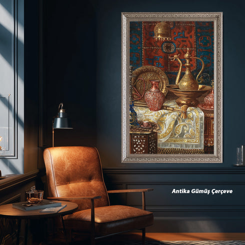 Oryantal Natürmort Sanat Tablosu Poster, Osmanlı İbriği ve Metal Objelerle Klasik Doğu Duvar Sanatı