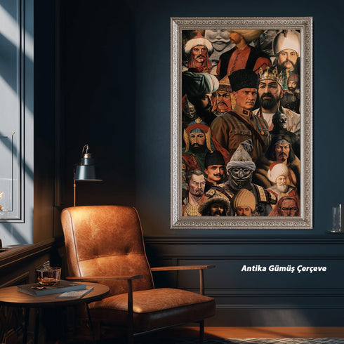 Türk ve Orta Asya Tarihi Liderler Kolaj Sanat Tablosu Poster, Alp Er Tunga’dan Osmanlı’ya Uzanan Epik Figürlü Duvar Sanatı